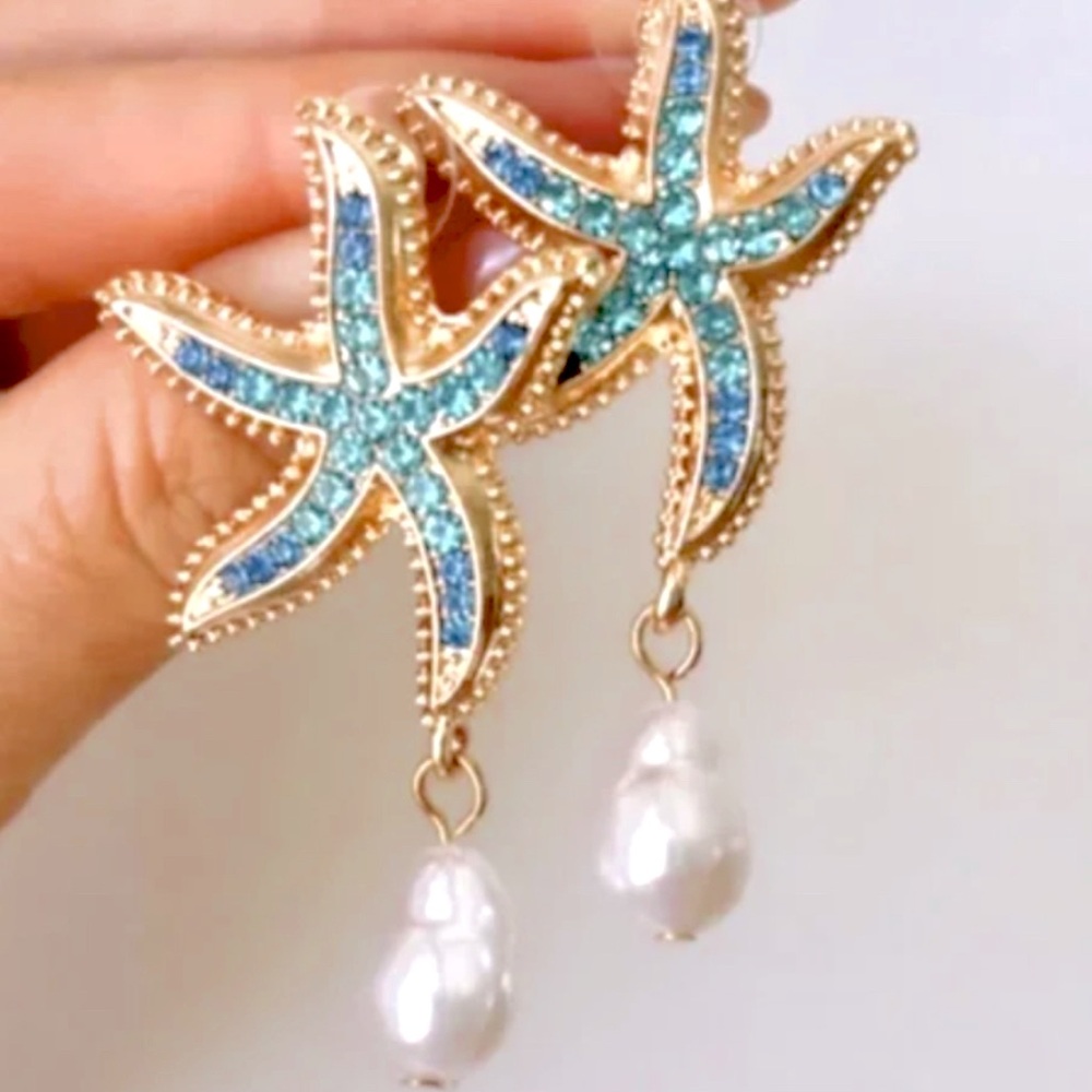 Starfish Earrings with Blue Crystal Accents and Pearl Drops